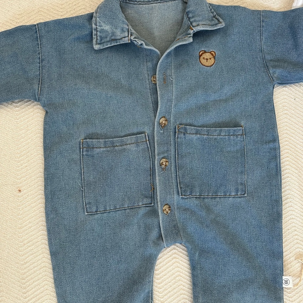 Blue Denim Baby Jumpsuit with Bear Patch